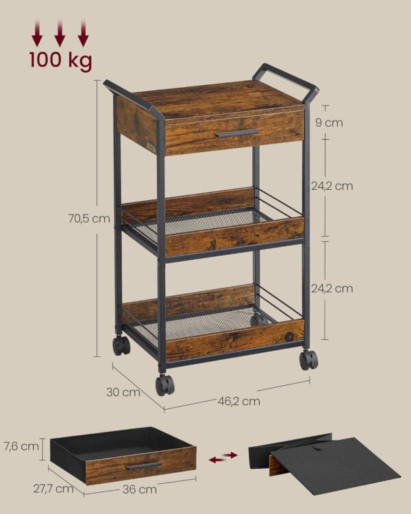 VASAGLE Rollwagen 3‑stufig Holzspanplatte obere Schublade Bremsen