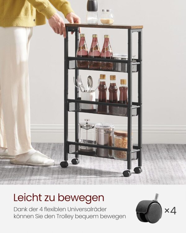 VASAGLE Rollwagen 4‑Ebenen Küchenwagen, schmal, mit Rollen & Griff, Stahl