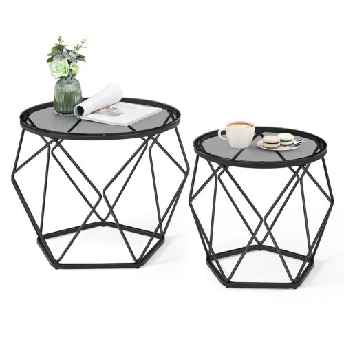 VASAGLE Rundcouchtisch 2er Set – abnehmbare Platte, schiefergrau/tintenschwarz