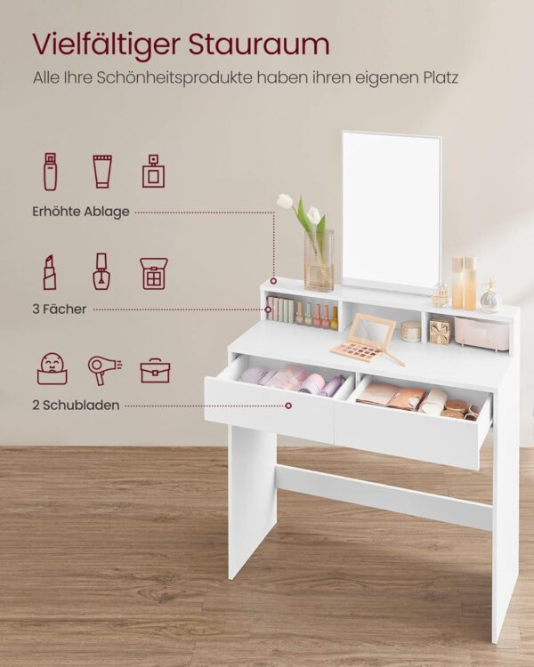 VASAGLE Schminktisch großer Spiegel, 2 Schubladen, 3 offene Fächer, modern, weiß