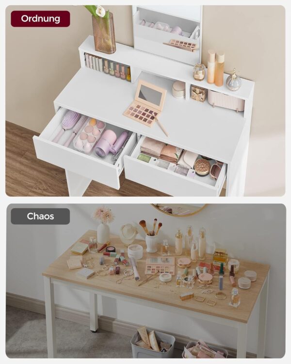 VASAGLE Schminktisch großer Spiegel, 2 Schubladen, 3 offene Fächer, modern, weiß