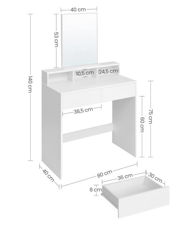 VASAGLE Schminktisch großer Spiegel, 2 Schubladen, 3 offene Fächer, modern, weiß