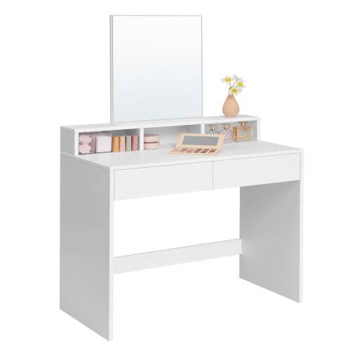 VASAGLE Schminktisch großer Spiegel, 2 Schubladen, 3 offene Fächer, modern, weiß