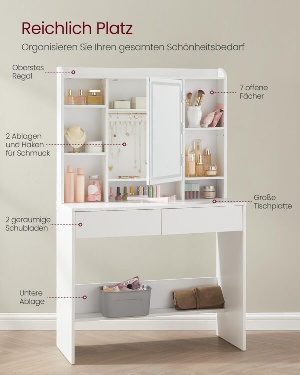 VASAGLE Schminktisch LED‑Beleuchtung 3 Farben, dimmbar, 2 Schubladen & verstellbare Ablagen