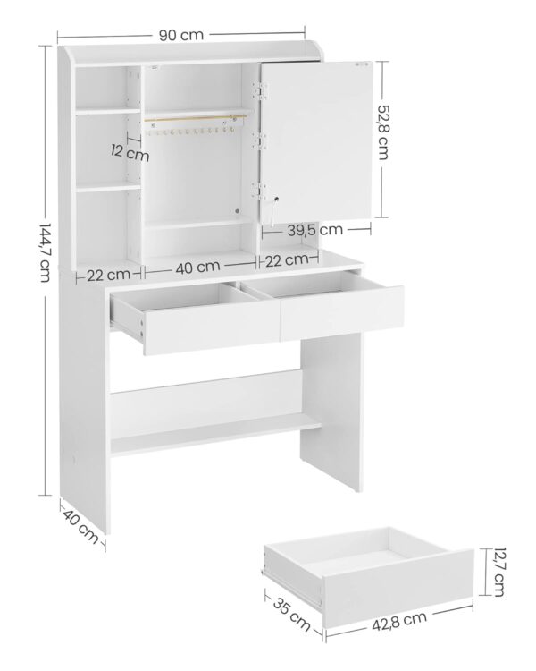 VASAGLE Schminktisch LED‑Beleuchtung 3 Farben, dimmbar, 2 Schubladen & verstellbare Ablagen