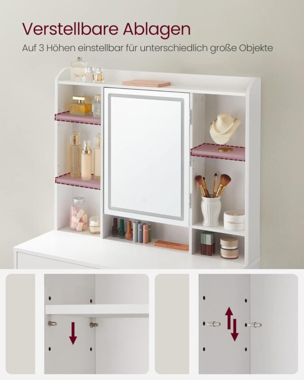 VASAGLE Schminktisch LED‑Beleuchtung 3 Farben, dimmbar, 2 Schubladen & verstellbare Ablagen