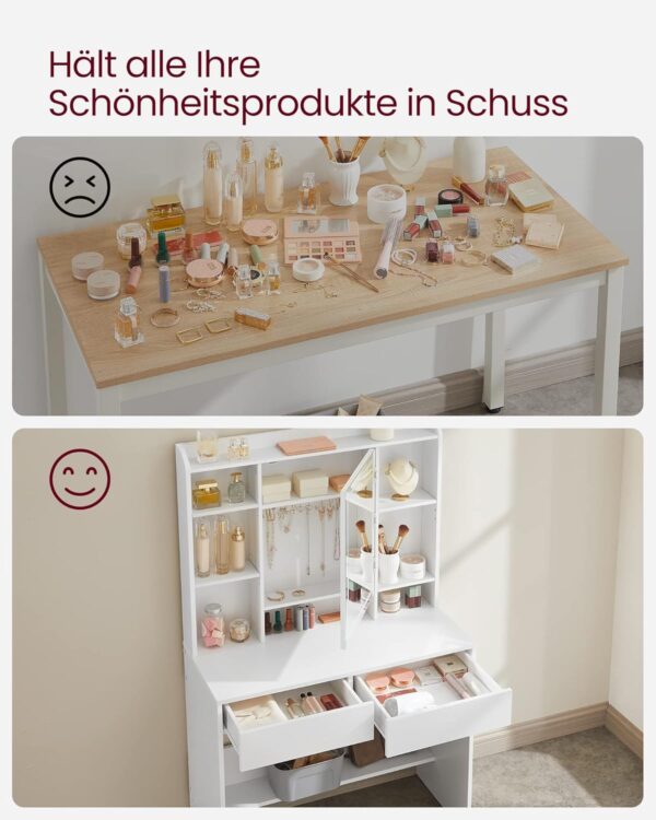 VASAGLE Schminktisch LED‑Beleuchtung 3 Farben, dimmbar, 2 Schubladen & verstellbare Ablagen