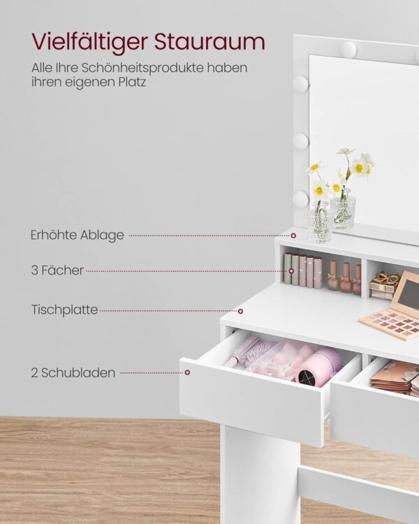 VASAGLE Schminktisch LED-Beleuchtung dimmbar 2 Schubladen wolkenweiß