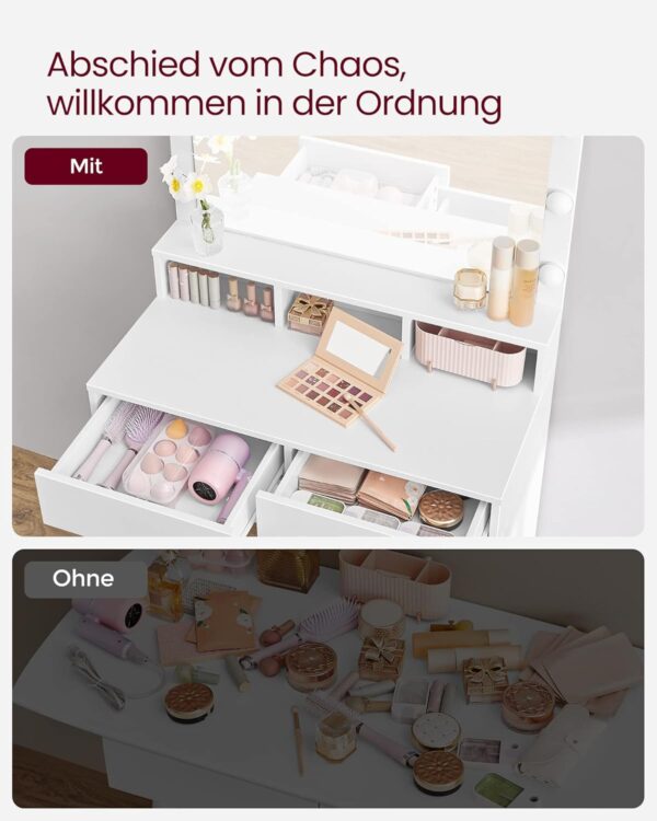 VASAGLE Schminktisch LED-Beleuchtung dimmbar 2 Schubladen wolkenweiß