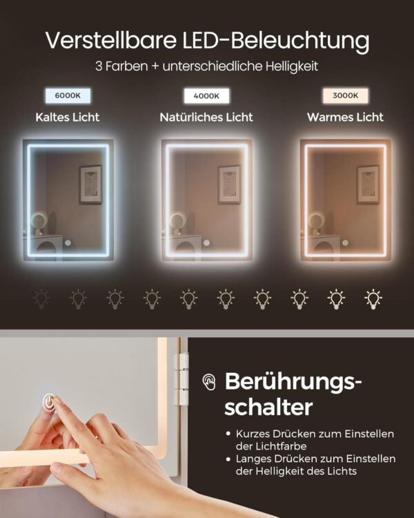 VASAGLE Schminktisch LED‑Beleuchtung, einstellbare Helligkeit, großer Spiegel