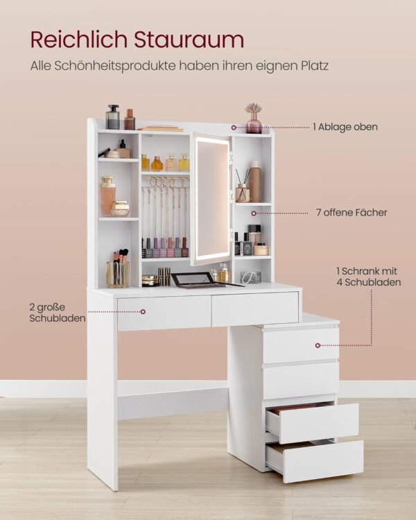 VASAGLE Schminktisch LED‑Beleuchtung, einstellbare Helligkeit, großer Spiegel