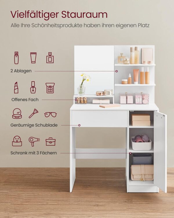 VASAGLE Schminktisch mit Spiegel, verstellbaren Ablagen & Schublade, weiß
