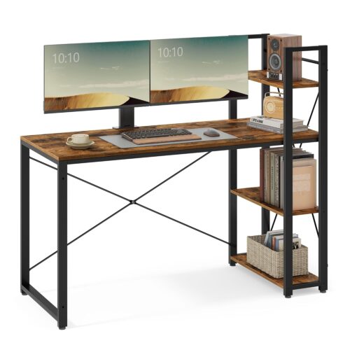 VASAGLE Schreibtisch 137 cm, Regalböden rechts/links, vintage braun‑schwarz