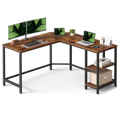 VASAGLE Schreibtisch L‑Form 138 x 76 cm 2 Ablagen – platzsparend, einfacher Aufbau