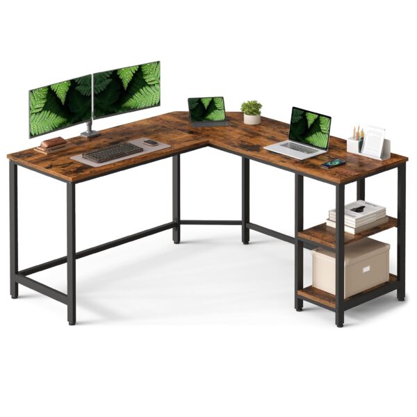 VASAGLE Schreibtisch L‑Form 138 x 76 cm 2 Ablagen – platzsparend, einfacher Aufbau