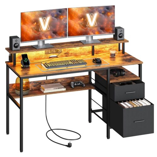 VASAGLE Schreibtisch mit Monitorständer, LED‑Beleuchtung, USB‑Ports & Steckdose