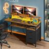 VASAGLE Schreibtisch mit Monitorständer, LED‑Beleuchtung, USB‑Ports & Steckdose