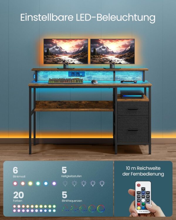VASAGLE Schreibtisch mit Monitorständer, LED‑Beleuchtung, USB‑Ports & Steckdose