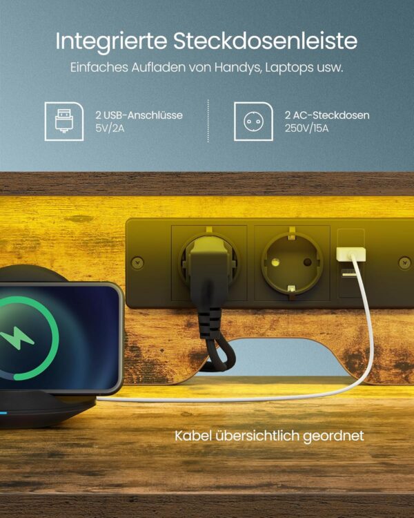 VASAGLE Schreibtisch mit Monitorständer, LED‑Beleuchtung, USB‑Ports & Steckdose