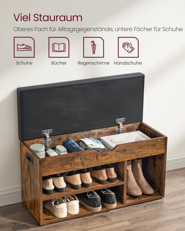 VASAGLE Schuhbank 3 offene Fächer + Stauraum unter Sitz – 136 kg – Vintagebraun