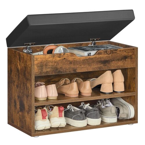 VASAGLE Schuhbank mit gepolstertem Sitz, 3‑stufiges Schuhregal, vintagebraun