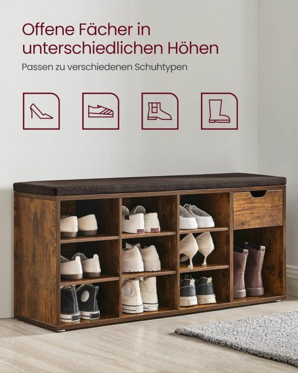 VASAGLE Schuhbank mit Schublade, offenen Fächern & gepolstertem Sitz, vintagebraun