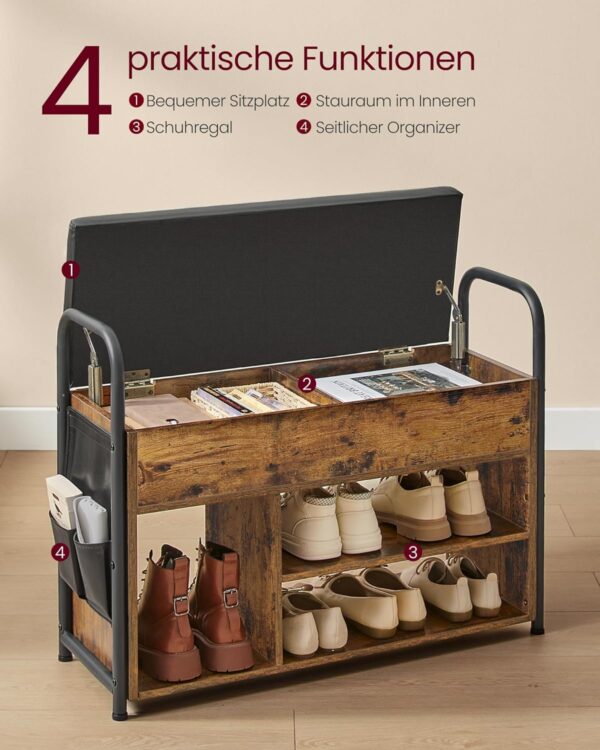 VASAGLE Schuhbank mit Stauraum & Schuhregal, Sitzfläche, vintagebraun‑schwarz