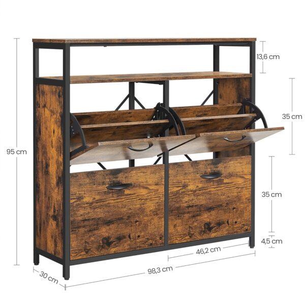 VASAGLE Schuhschrank 4‑Klappen, 12‑20 Paar, kompakt, staubdicht, Braun‑Schwarz