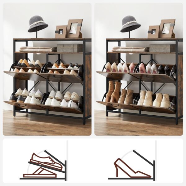 VASAGLE Schuhschrank 4‑Klappen, 12‑20 Paar, kompakt, staubdicht, Braun‑Schwarz