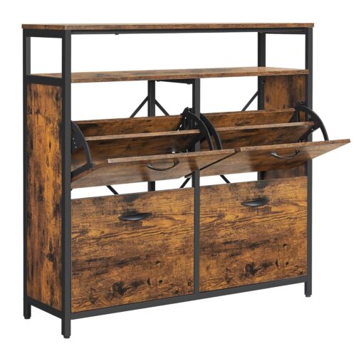 VASAGLE Schuhschrank 4‑Klappen, 12‑20 Paar, kompakt, staubdicht, Braun‑Schwarz