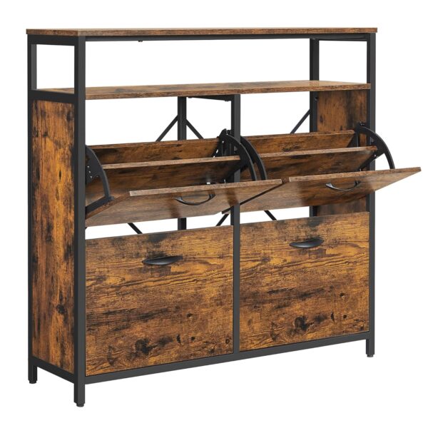 VASAGLE Schuhschrank 4‑Klappen, 12‑20 Paar, kompakt, staubdicht, Braun‑Schwarz