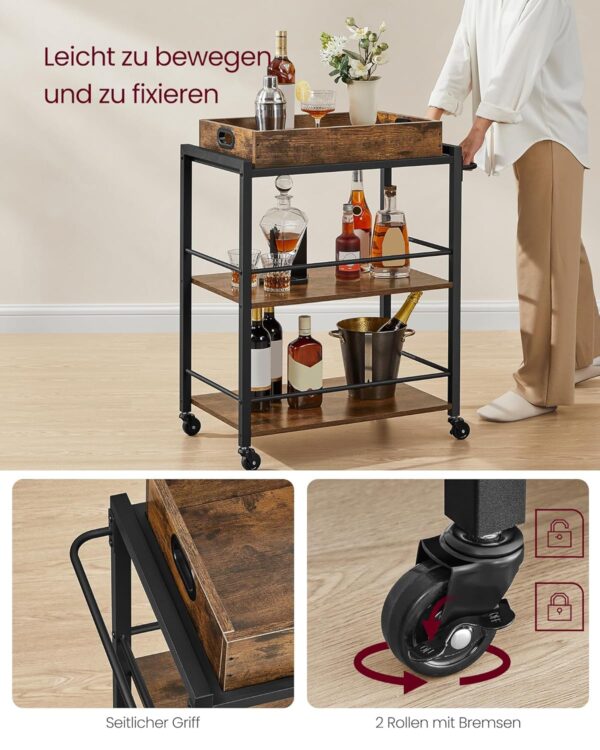 VASAGLE Servierwagen abnehmbares Tablett, Rollen, Stahlrahmen, Industrie‑Design