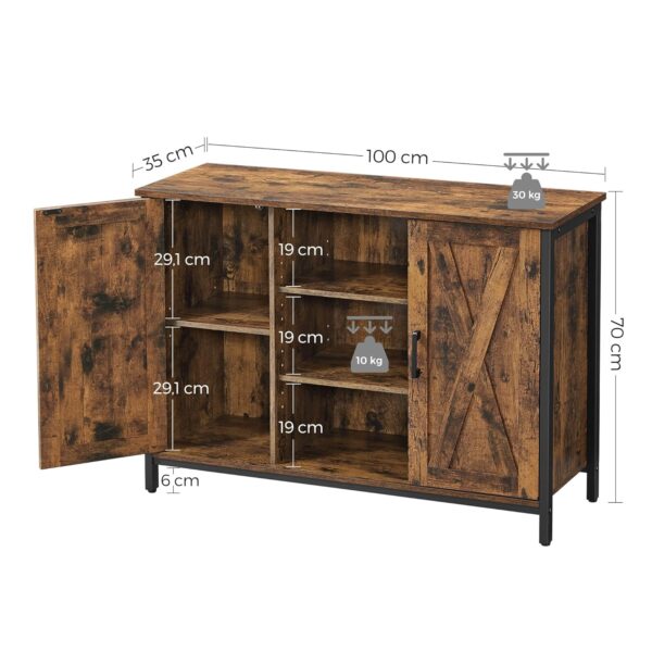 VASAGLE Sideboard 100x35x70 cm – Offene Regalfächer, Türen, Industrie‑Design, Vintage Braun‑Schwarz