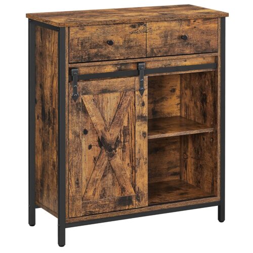 VASAGLE Sideboard mit Schiebetür, verstellbare Ablage, Landhausstil, Braun‑Schwarz