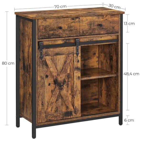 VASAGLE Sideboard mit Schiebetür, verstellbare Ablage, Landhausstil, Braun‑Schwarz