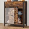 VASAGLE Sideboard mit Schiebetür, verstellbare Ablage, Landhausstil, Braun‑Schwarz