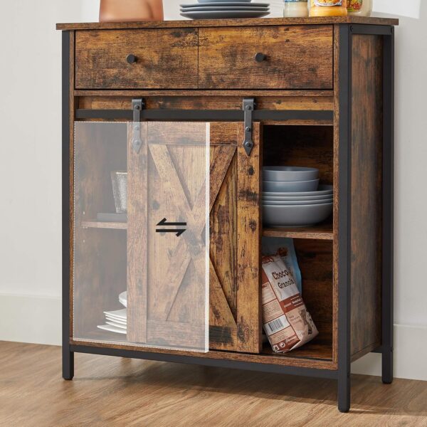 VASAGLE Sideboard mit Schiebetür, verstellbare Ablage, Landhausstil, Braun‑Schwarz