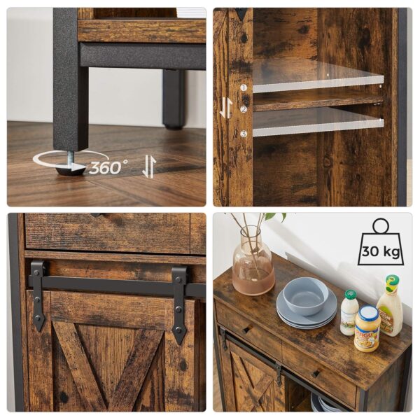 VASAGLE Sideboard mit Schiebetür, verstellbare Ablage, Landhausstil, Braun‑Schwarz