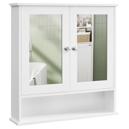 VASAGLE Spiegelschrank 2‑türig mit offenem Fach, verstellbare Ablage, wandmontierbar, 15×65×75 cm, weiß