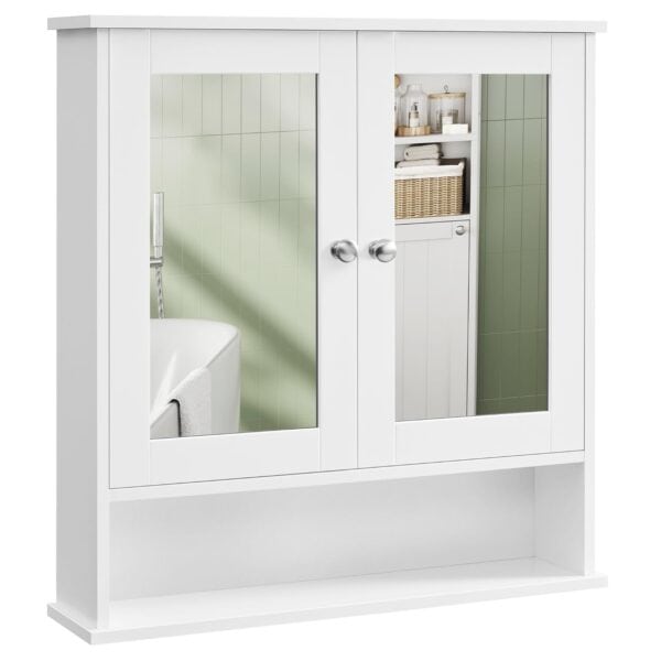 VASAGLE Spiegelschrank 2‑türig mit offenem Fach, verstellbare Ablage, wandmontierbar, 15×65×75 cm, weiß