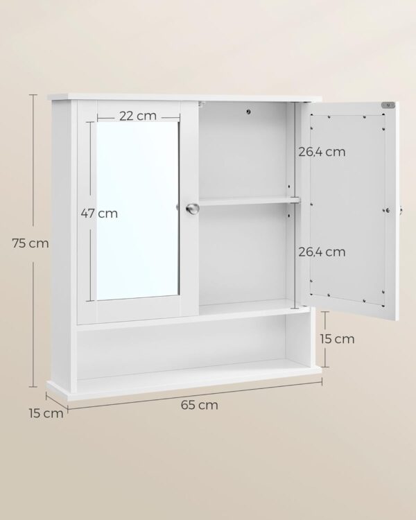 VASAGLE Spiegelschrank 2‑türig mit offenem Fach, verstellbare Ablage, wandmontierbar, 15×65×75 cm, weiß