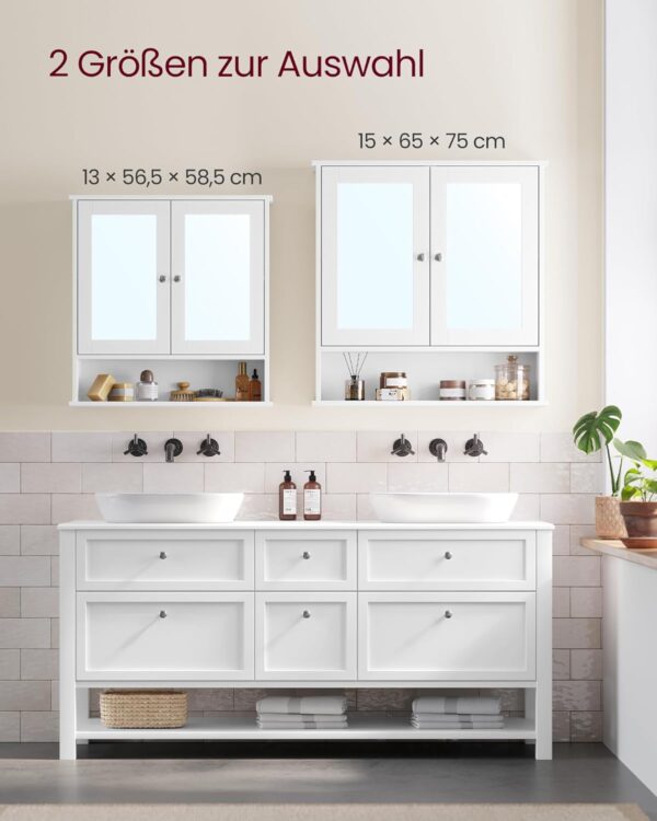 VASAGLE Spiegelschrank 2‑türig mit offenem Fach, verstellbare Ablage, wandmontierbar, 15×65×75 cm, weiß