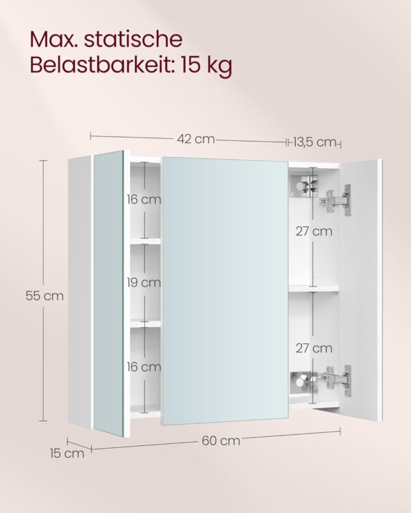 VASAGLE Spiegelschrank Badezimmer 3‑Türig verstellbare Regale modern weiß