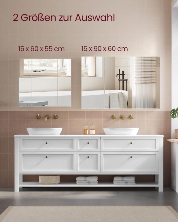 VASAGLE Spiegelschrank Badezimmer 3‑Türig verstellbare Regale modern weiß