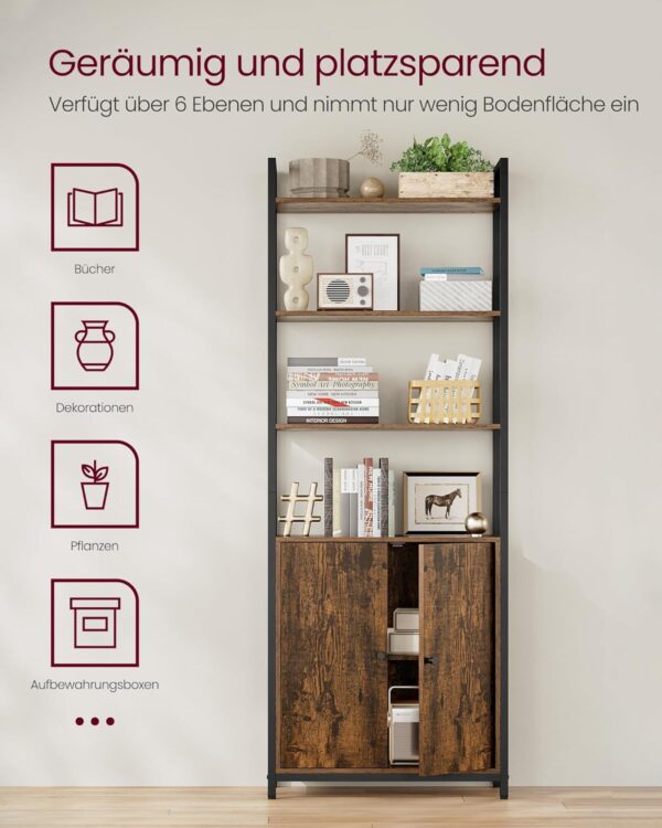 VASAGLE Standregal 6‑fach Türen Metallrahmen, verstellbare Ablagen, vintagebraun‑tintenschwarz
