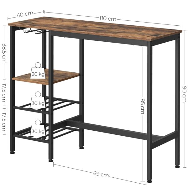 VASAGLE Stehtisch 110x48x90 cm Bar‑ & Flaschenhalter, Industrie‑Style, braun‑schwarz