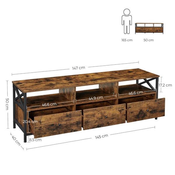 VASAGLE TV‑Schrank Lowboard 65 Zoll 147 cm, 3 Schubladen, Stahlgestell