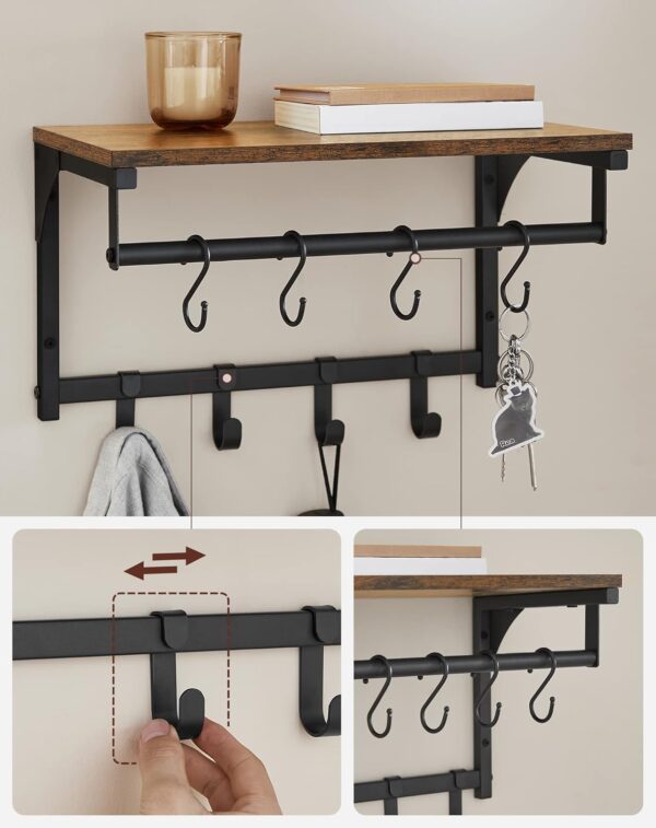 VASAGLE Wandgarderobe 8 Haken + Regal, rustikales Braun/Schwarz, 40×24×24 cm