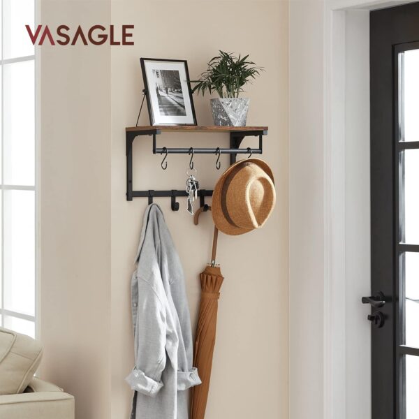 VASAGLE Wandgarderobe 8 Haken + Regal, rustikales Braun/Schwarz, 40×24×24 cm