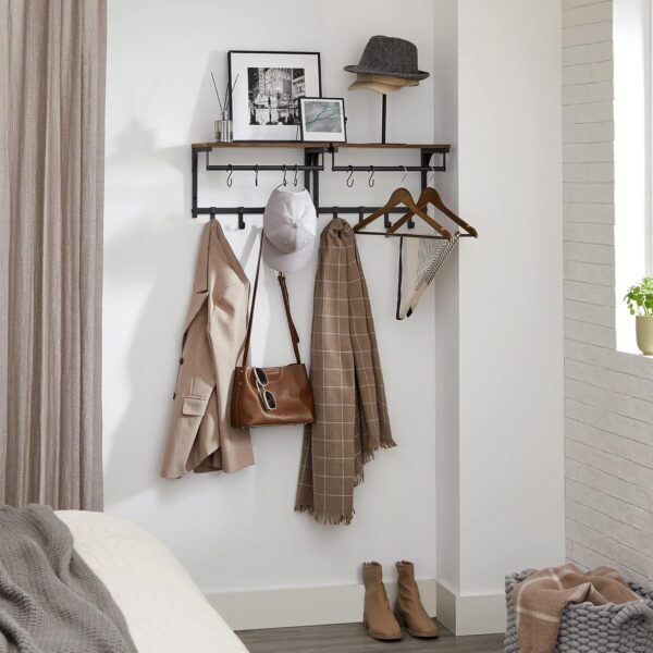 VASAGLE Wandgarderobe 8 Haken + Regal, rustikales Braun/Schwarz, 40×24×24 cm
